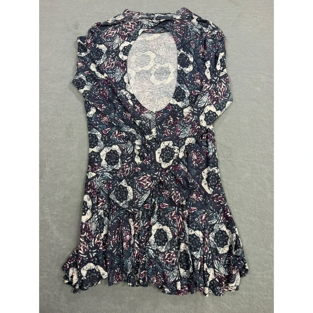 Free People Floral Mini Dress Purple Navy Mock Neck Open Back Boho Womens Size M